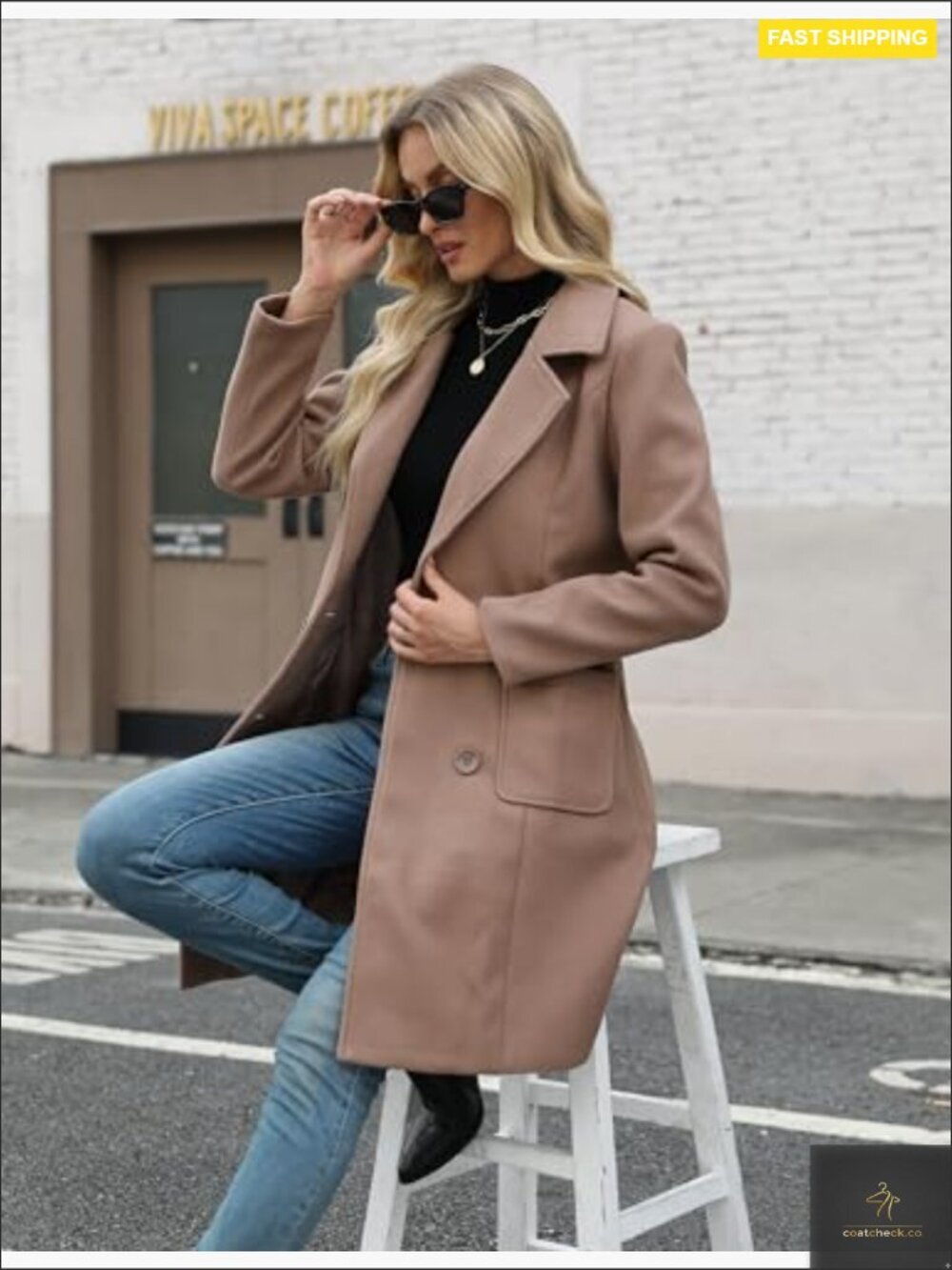 Women Wool Blend Pea Coat Double-Breasted Notch Lapel Long Sleeve Winter Jacket - Picture 6 of 7